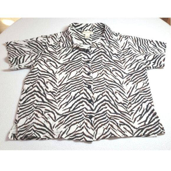 Bechamel Button Front Shirt Womens L Short Sleeve Safari Animal Print Blk Brown - Picture 1 of 6